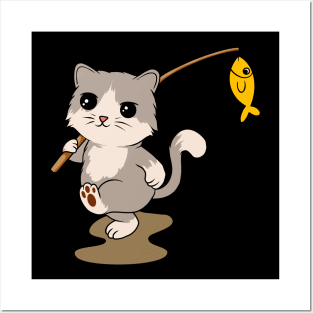 Feline Fisher: Cat with Fishing Rod and a Catch - Adventurous Tee for Cat Lovers Posters and Art